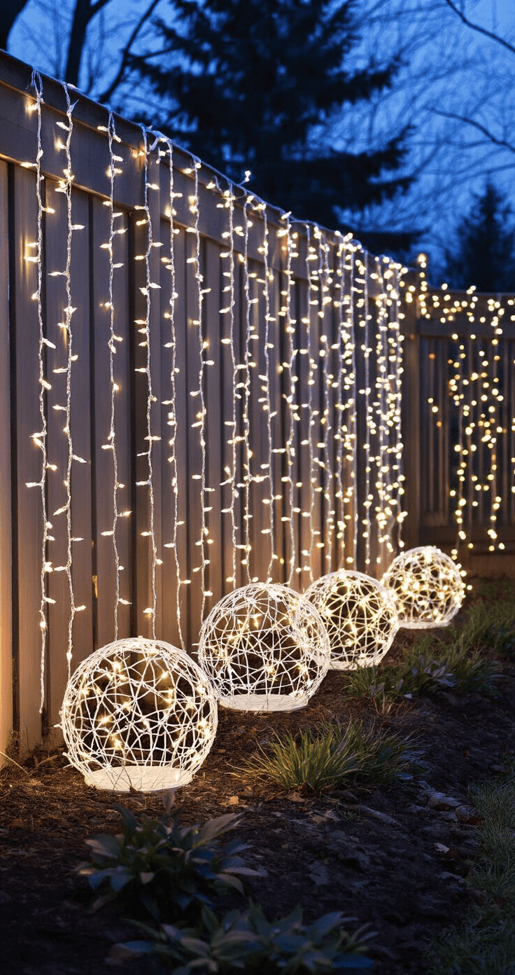 A serene winter wonderland featuring icicle lights strung along a fence, casting a soft glow, and large sphere-shaped light displays made of chicken wire and fairy lights illuminating garden beds, creating a cozy atmosphere as darkness falls.