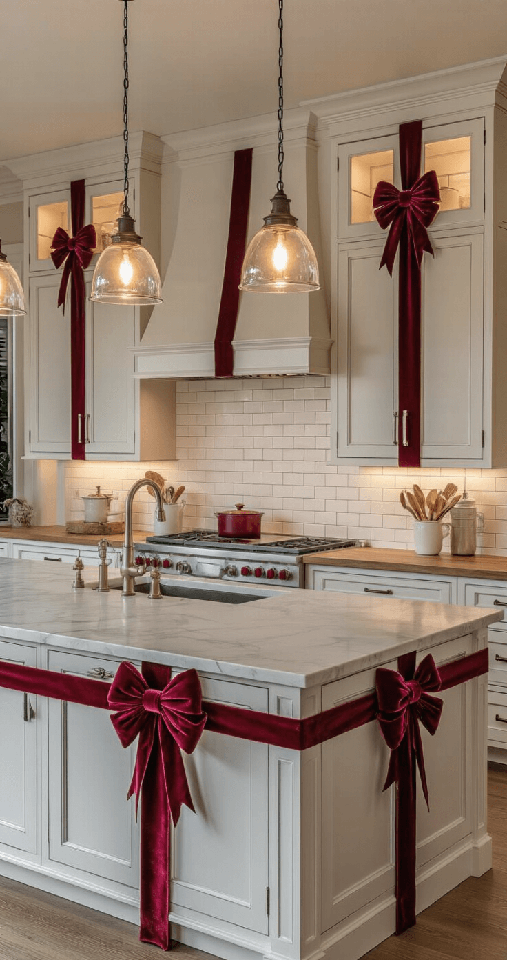 The Complete Guide to Kitchen Cabinet Christmas Decor That Won't Drive You Mad An elegant farmhouse kitchen at dusk featuring cabinet doors decorated as oversized presents with burgundy velvet ribbons, warm pendant lighting over a central island, distressed white cabinets, and a textured subway tile backsplash.