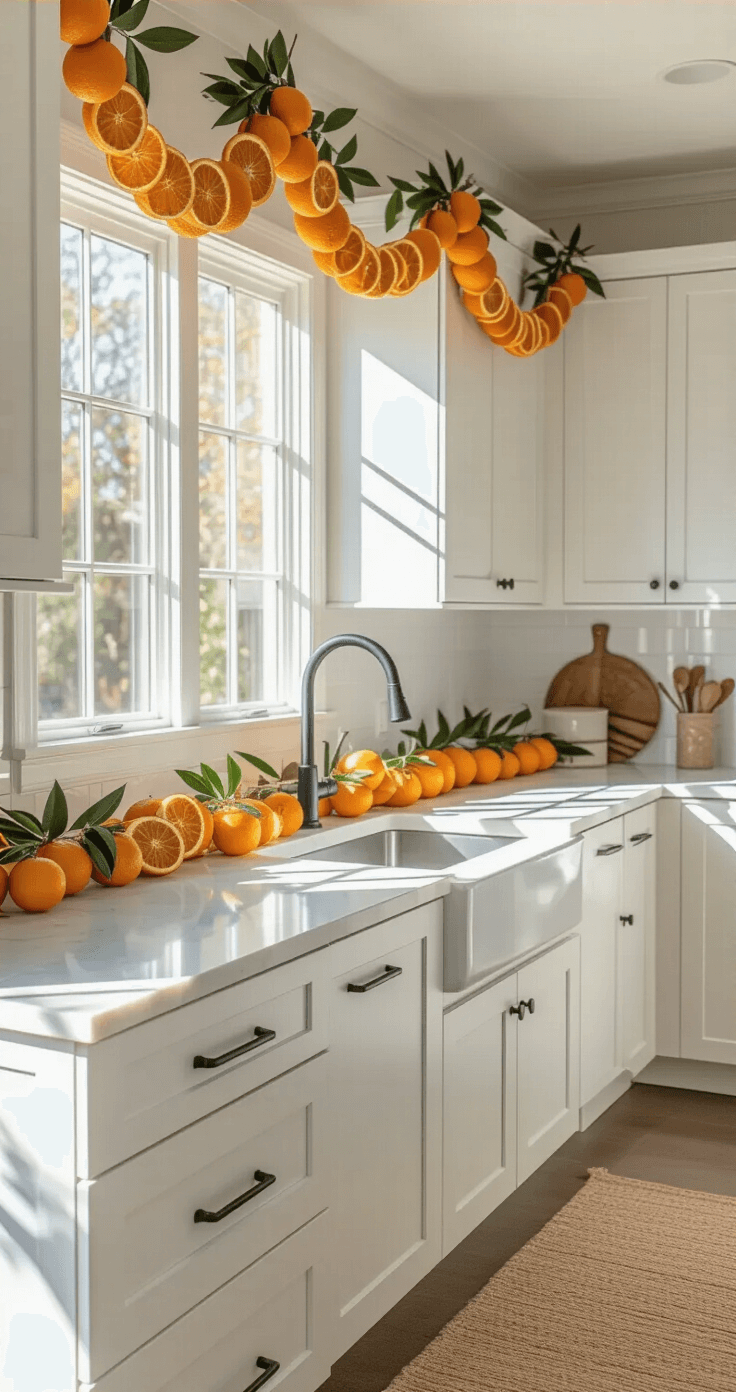 The Complete Guide to Kitchen Cabinet Christmas Decor That Won't Drive You Mad A contemporary galley kitchen with white cabinets and black hardware features a dried orange slice garland draped along the upper cabinets, illuminated by morning light through a large window. Quartz countertops reflect the soft lighting, highlighting the organic textures of the garland made of orange slices, bay leaves, and cinnamon sticks.