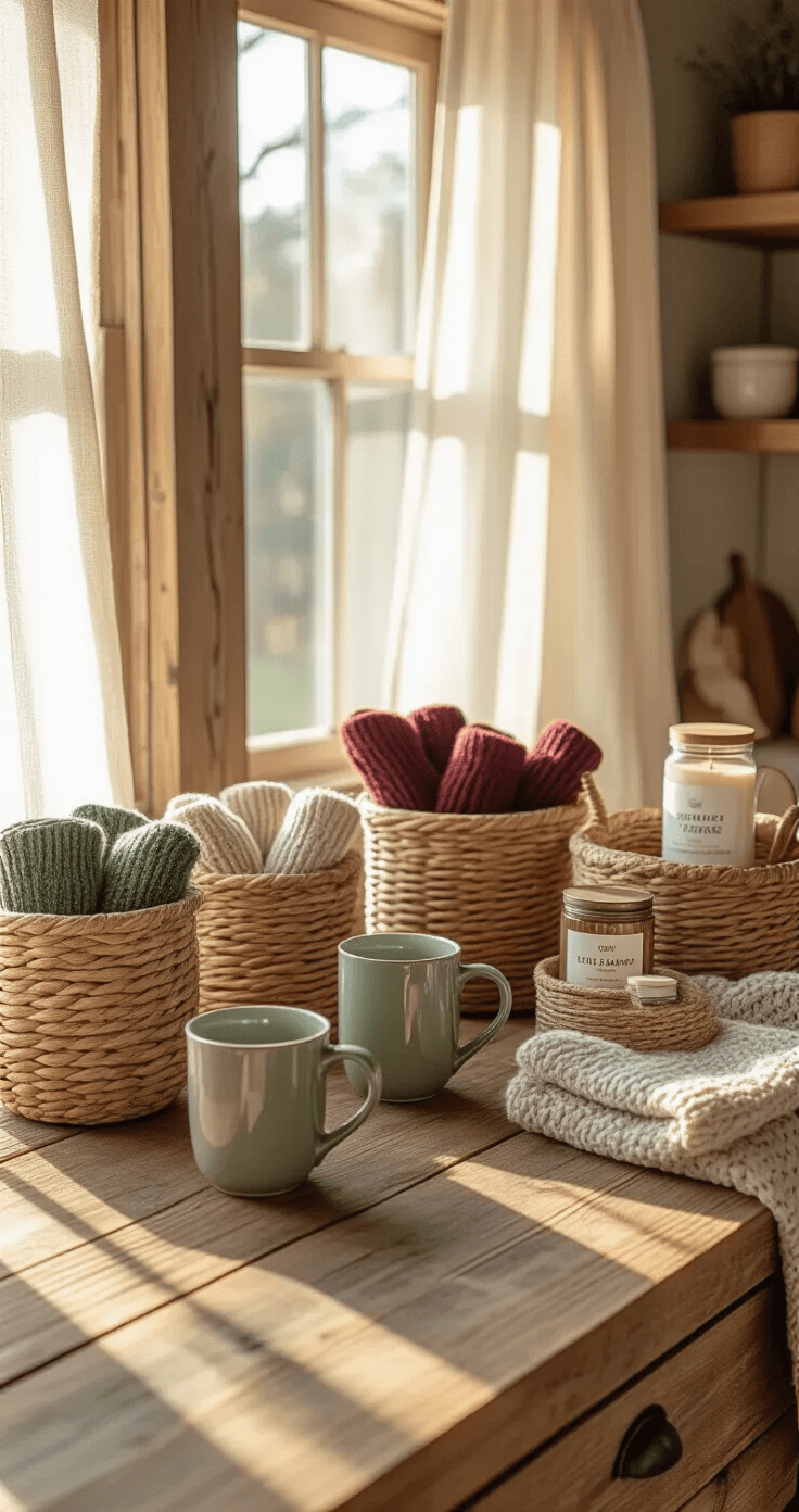 Mini Burr Basket Ideas That'll Make Your Gift-Giving Actually Easy A rustic wooden kitchen island illuminated by warm afternoon sunlight, featuring mini burr baskets and oversized ceramic mugs filled with cozy items, surrounded by woven baskets of luxurious hand creams and candles, all under a backdrop of exposed brick walls and copper lighting, enhanced by cascading fairy lights.