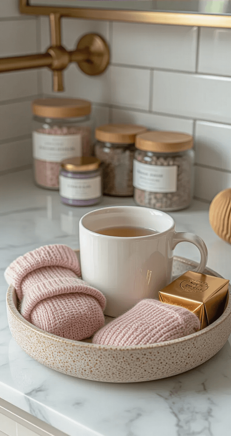 Mini Burr Basket Ideas That'll Make Your Gift-Giving Actually Easy Close-up macro shot of a marble countertop featuring a curated mini burr basket with an oversized white mug filled with premium items, including cashmere-blend socks, lavender bath salts, and chocolates, set against a white subway tile backsplash with brass fixtures. Soft morning light illuminates the scene, highlighting a luxury self-care atmosphere.