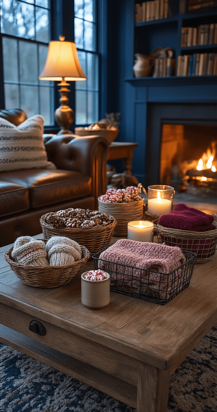 Mini Burr Basket Ideas That'll Make Your Gift-Giving Actually Easy Cozy living room coffee table set for gift-giving during twilight, featuring mini burr baskets with mittens, peppermint bark, candles, and throws, illuminated by warm lamplight against deep navy walls, with vintage decor and a flickering fireplace in the background.