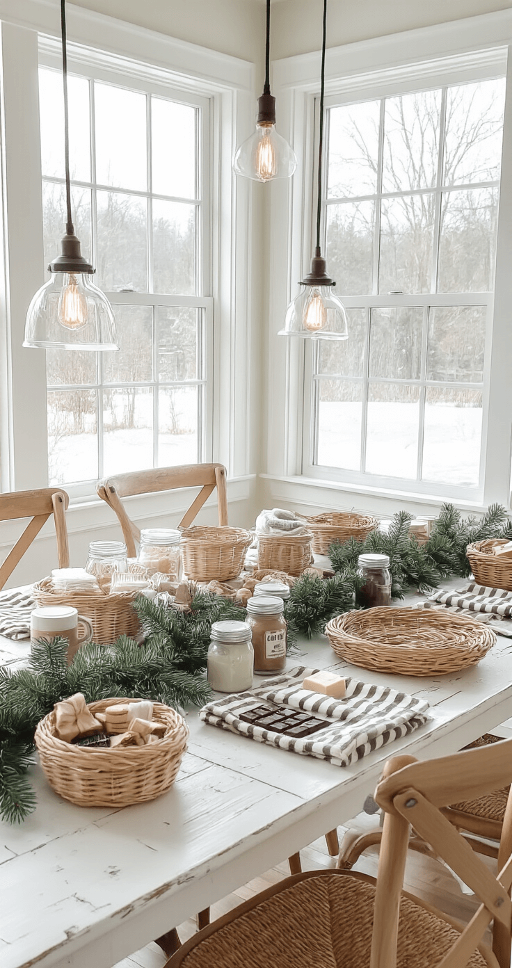 Mini Burr Basket Ideas That'll Make Your Gift-Giving Actually Easy Bright, airy dining room with a gift-making station at a distressed white farmhouse table. Organized assembly line of natural wicker baskets, mason jars, and enamelware filled with winter-themed items, surrounded by fresh evergreen garland. Large windows frame a snowy landscape, while warm pendant lights accent the seasonal decor in a Scandinavian-inspired color scheme of whites, wood tones, and cranberry red.