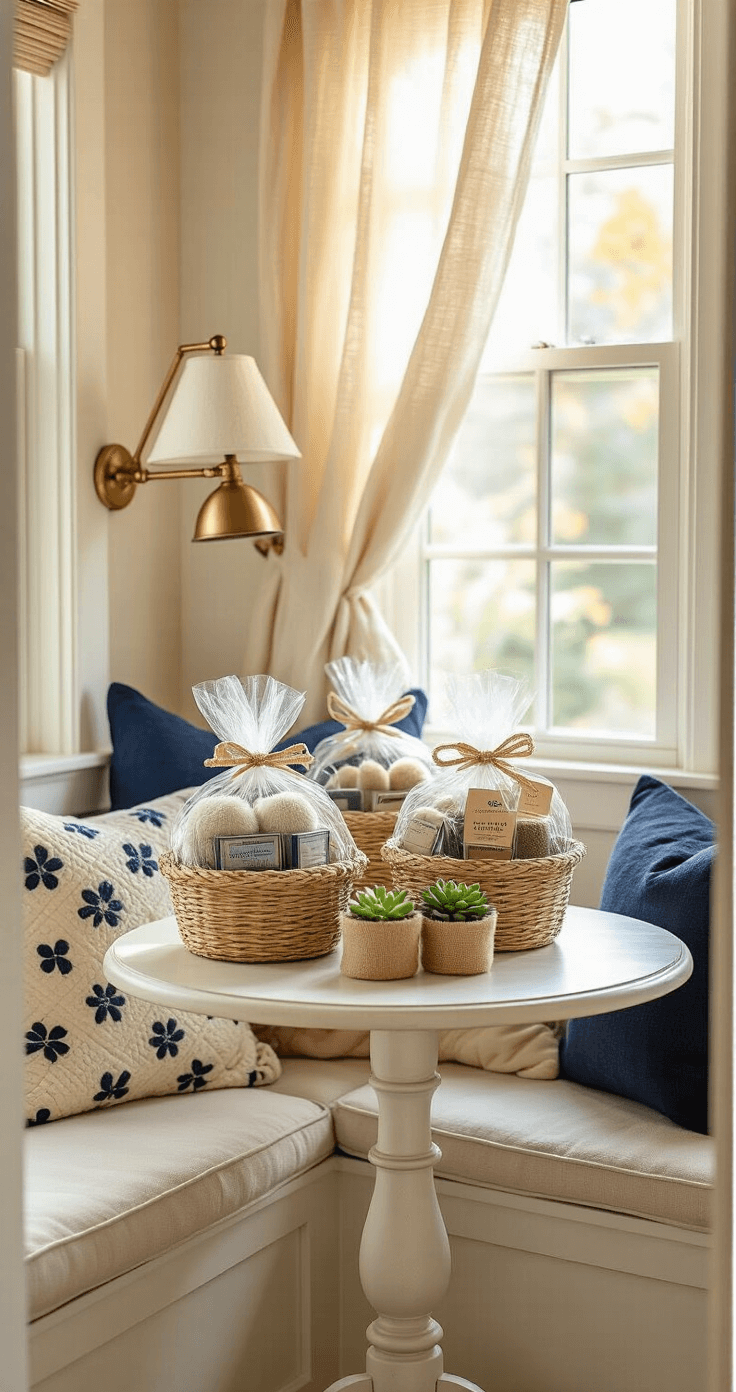 Mini Burr Basket Ideas That'll Make Your Gift-Giving Actually Easy Intimate breakfast nook filled with sunlight, featuring completed mini burr baskets wrapped in cellophane on a small pedestal table. Cozy alcove includes a built-in bench with cream cushions and navy pillows, vintage quilts, and a brass reading lamp. Window seat has soft, diffused light filtering through gauze curtains, with white beadboard wainscoting and sage green walls in the background. Copper accents and natural materials create a warm, inviting atmosphere.