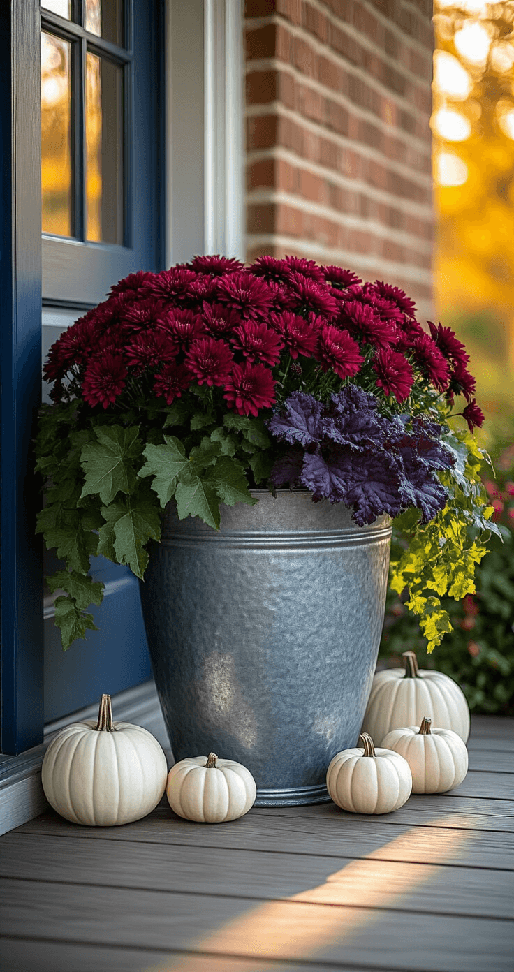 Fall Porch Planters: Plants, Design & Setup A luxurious front porch scene at golden hour featuring a large galvanized metal planter overflowing with deep burgundy mums and ornamental purple kale, accompanied by cascading ivy. Soft autumn light casts dramatic shadows on weathered wooden floorboards. The asymmetrically positioned planter sits against a navy blue front door, surrounded by mini white pumpkins. The image captures rich textures of ceramic urns and a distressed brick wall, with warm amber and deep purple hues highlighting intricate plant details.