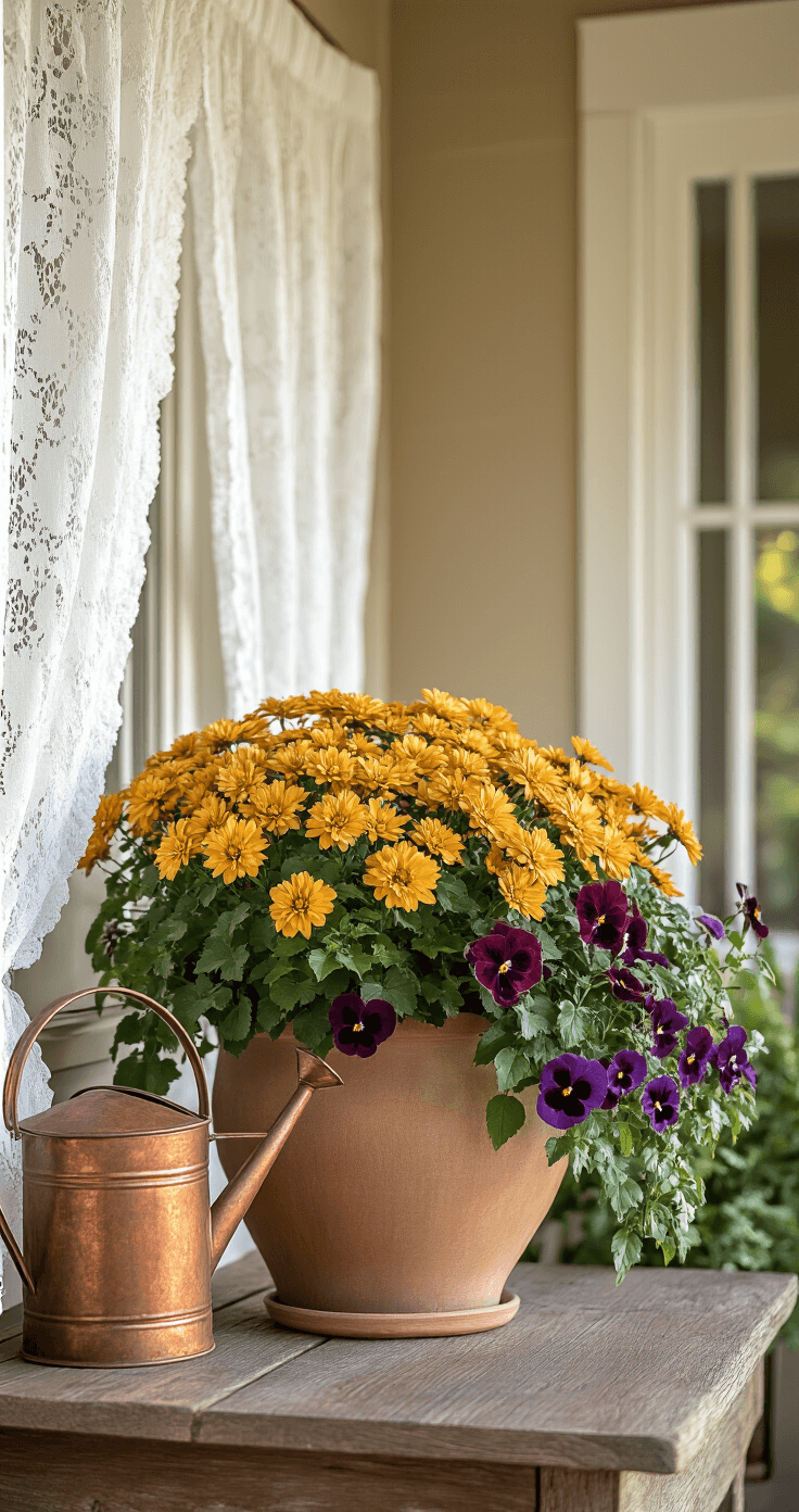 Fall Porch Planters: Plants, Design & Setup A rustic farmhouse porch interior featuring a large ceramic planter with golden mums, colorful coleus, and trailing purple pansies, illuminated by soft morning light through white lace curtains. A weathered wooden side table holds a copper watering can and galvanized metal accessories, all set against a neutral beige and terracotta backdrop with accents of yellow and burgundy, capturing an intimate atmosphere.