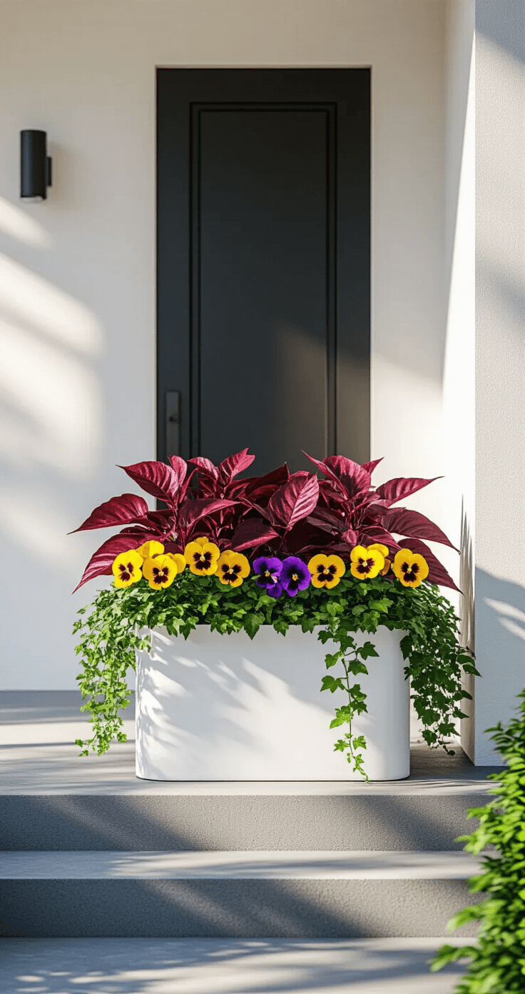 Fall Porch Planters: Plants, Design & Setup Modern minimalist front porch featuring a sleek white metal planter filled with coral bells, yellow and purple pansies, and cascading ivy. The scene is highlighted by sharp morning sunlight casting high-contrast shadows against a black front door and geometric concrete steps, showcasing a precise 'thriller, filler, spiller' plant arrangement.