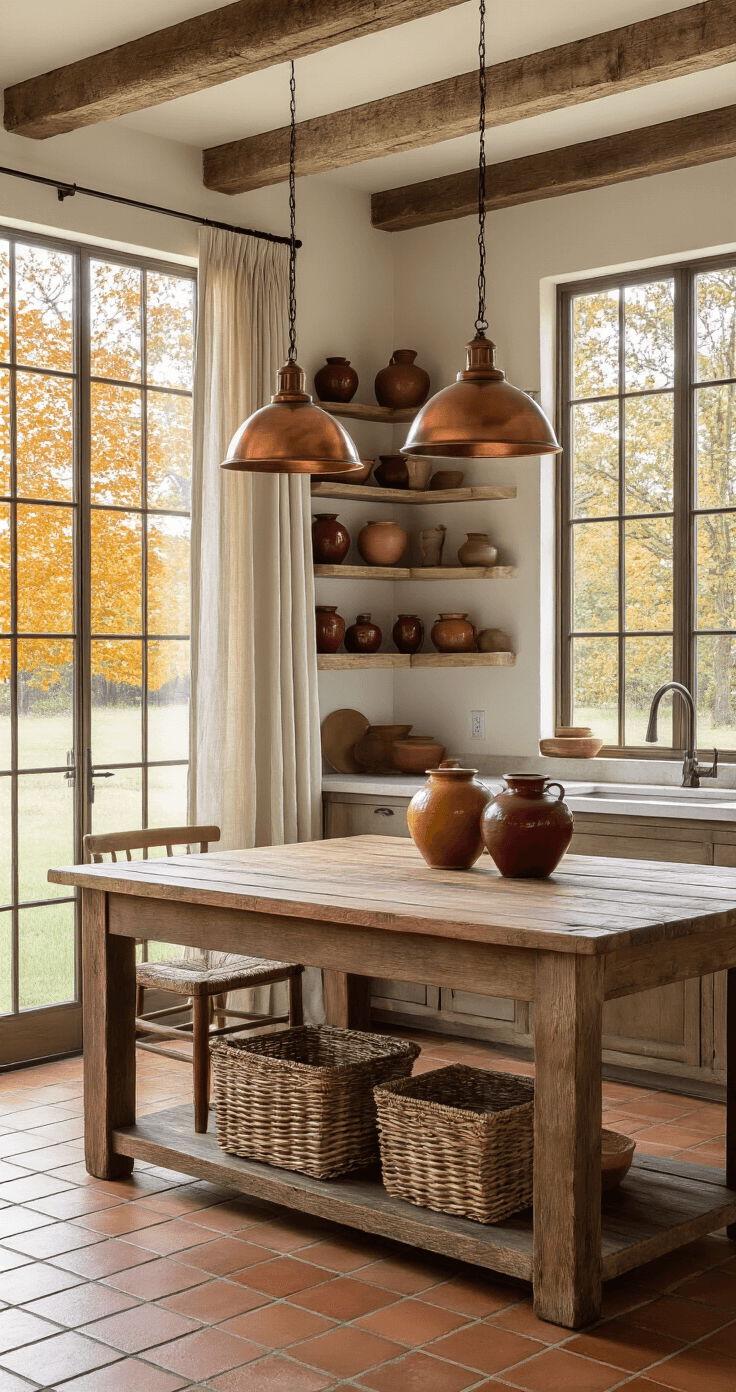 The Trees That'll Make Your Yard Look Like a Pinterest Board Every Fall A rustic farmhouse kitchen with open shelving displaying amber, rust, and deep burgundy ceramic pottery, centered around a large wooden table. Tall windows reveal a Black Tupelo tree with colorful leaves, while soft natural light casts warm shadows. Copper pendant lights hang above the kitchen island, and terra cotta tile flooring complements exposed wooden ceiling beams, with neutral linen curtains gently swaying in the breeze.