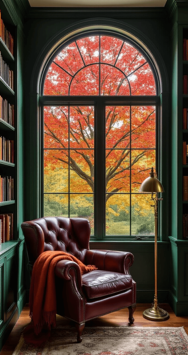 The Trees That'll Make Your Yard Look Like a Pinterest Board Every Fall A cozy reading nook featuring a deep burgundy leather armchair by a large arched window overlooking a vibrant Red Maple tree in autumn. An antique brass floor lamp illuminates the space, complemented by a soft burnt orange wool throw and built-in walnut bookshelves against rich emerald green walls. Afternoon light filters in, casting dramatic shadows and highlighting the textures of the leather and autumn leaves.