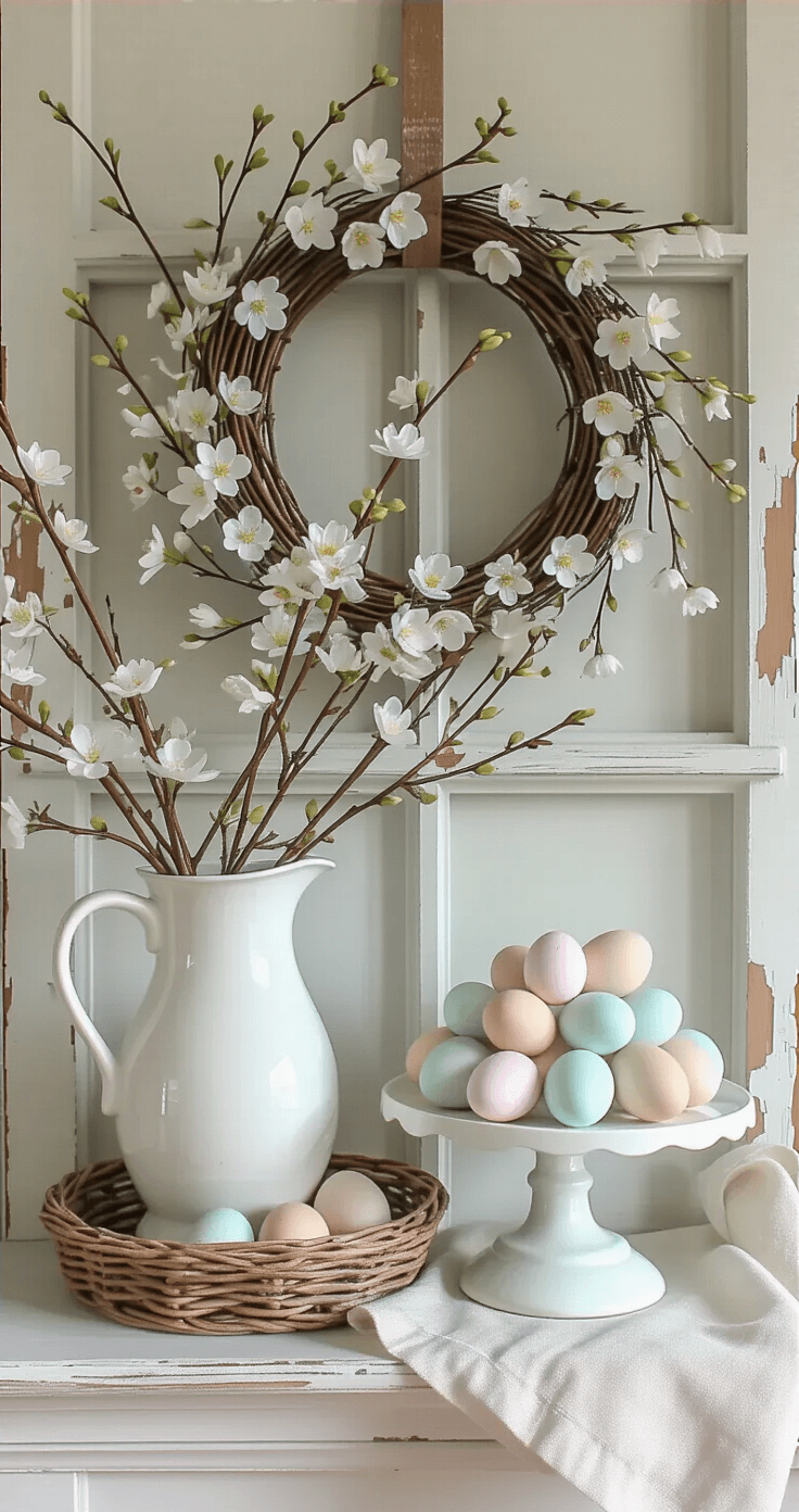 Farmhouse Easter Decor Ideas That'll Make Your Home Feel Like Spring Just Exploded (In the Best Way) Farmhouse mantel decorated for Easter featuring a vintage white pitcher with cherry blossom branches, a central wreath adorned with pastel eggs, and a cake stand on the right holding decorative eggs, all in a soft duck egg blue and creamy ivory palette with a mix of textures and warm lighting creating gentle shadows.