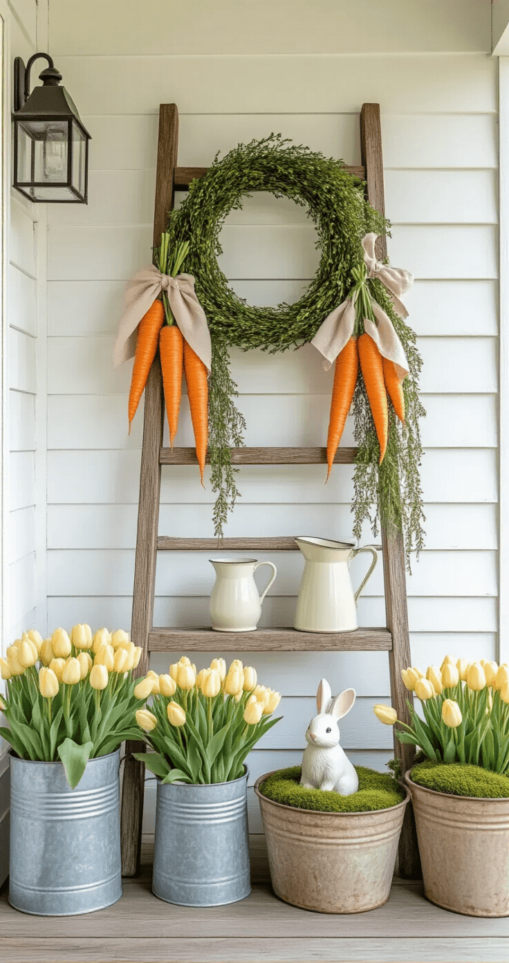 Farmhouse Easter Decor Ideas That'll Make Your Home Feel Like Spring Just Exploded (In the Best Way) A rustic front porch adorned with farmhouse Easter decorations, featuring a wooden ladder draped with fabric carrots and spring garlands, galvanized metal buckets filled with pale yellow tulips, vintage enamelware pitchers, and moss-covered bunny figures, all illuminated by soft morning light that highlights the textures of wood, metal, and natural elements.