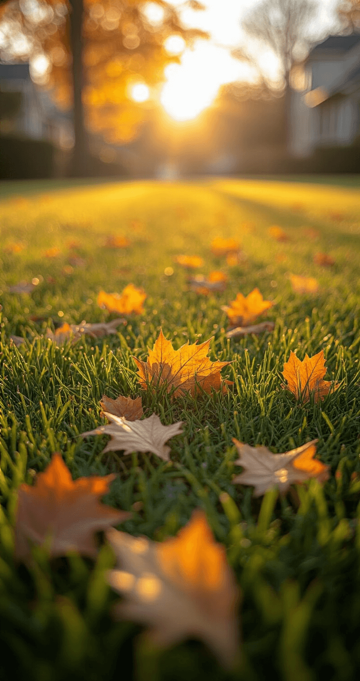A sunlit suburban lawn in mid-autumn, featuring precision-cut 2.5-inch grass, crisp edges, mulched autumn leaves, and a warm bronze and amber color palette, with soft sunlight casting long shadows and high-resolution grass textures.
