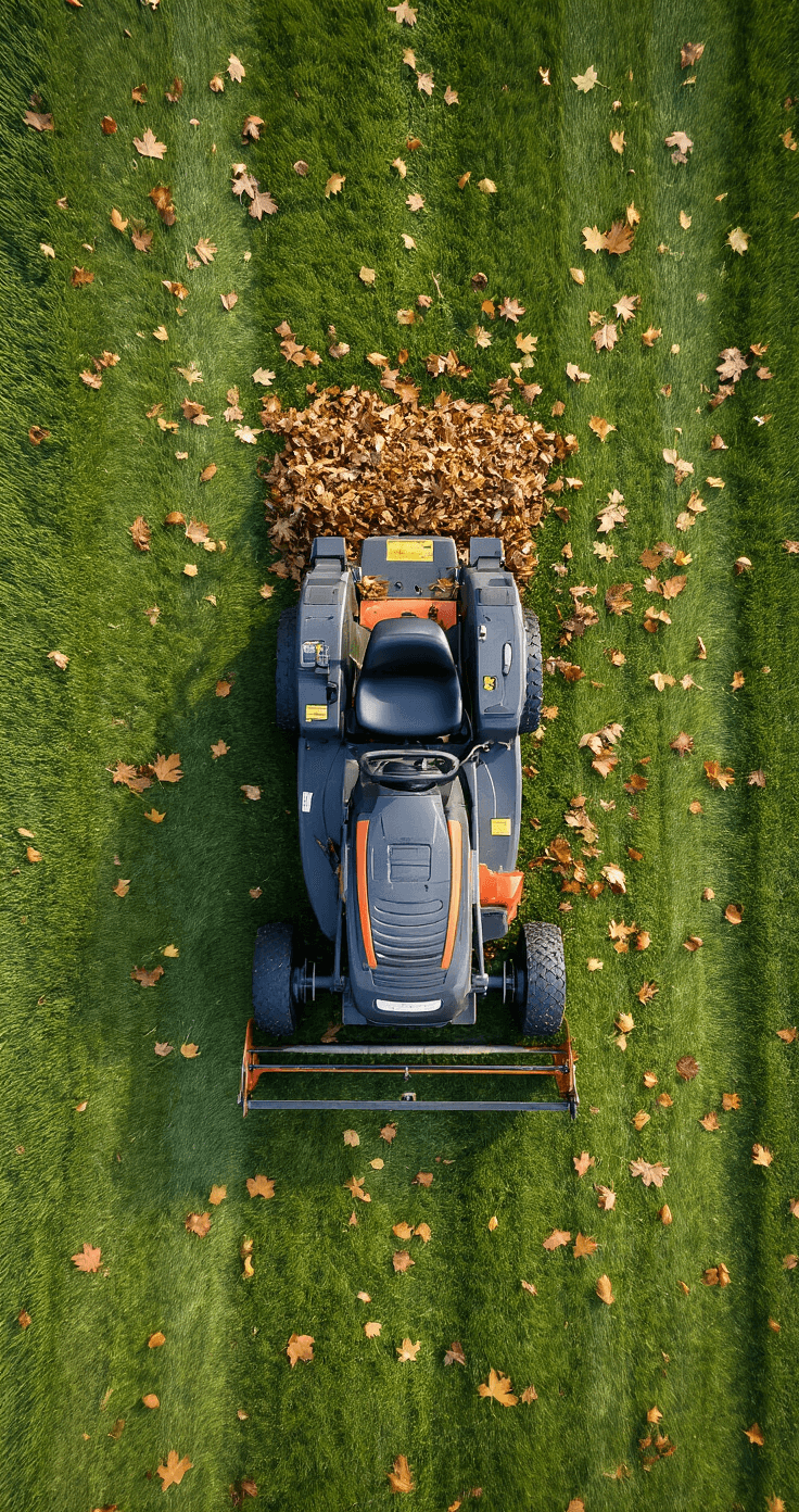 Overhead view of a meticulously maintained residential lawn during fall, showcasing a professional-grade lawn mower mulching leaves in a systematic pattern, with decomposing leaf fragments visible among grass blades, framed in cool slate gray and olive green tones under soft morning light.