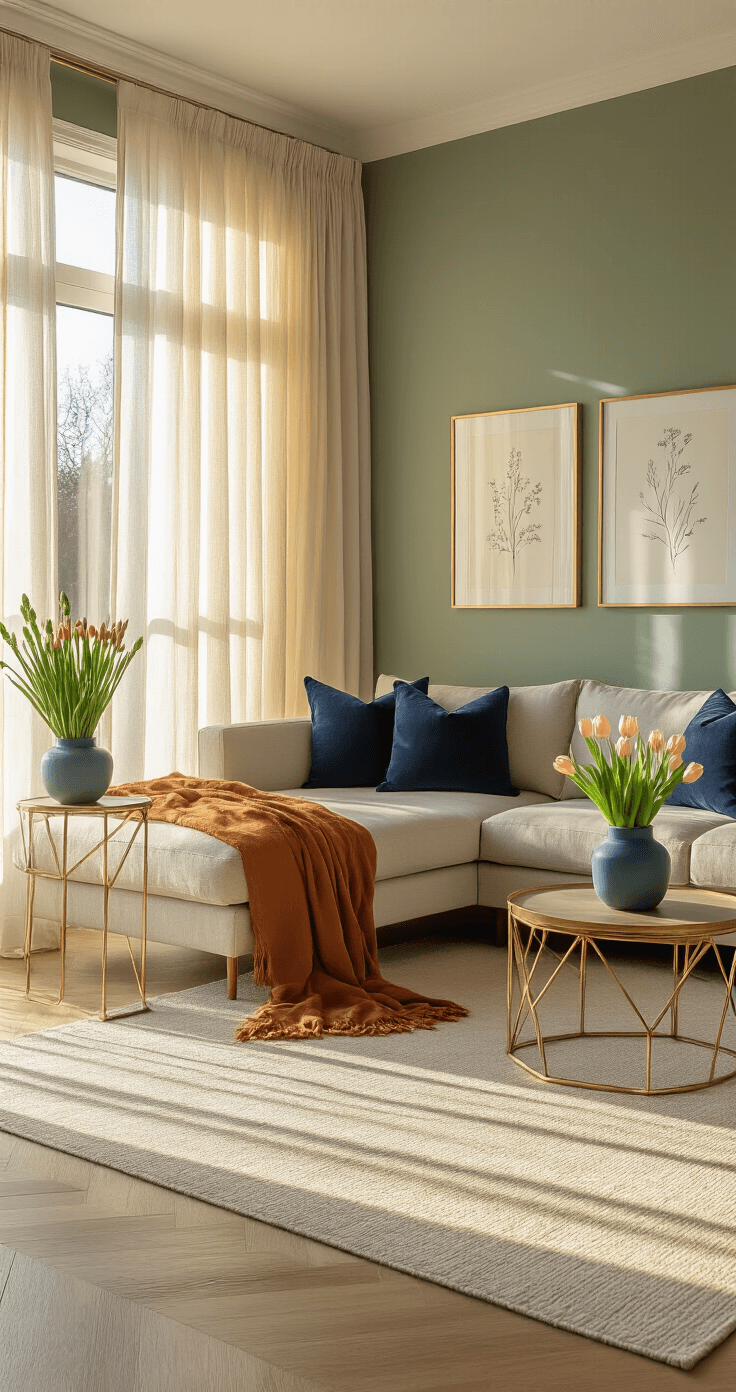 Spring Living Room Decor Ideas That'll Make You Actually Want to Dump Winter for Good A sunlit contemporary living room with a sage green accent wall, featuring a mid-century modern sectional draped with a rust-colored throw, navy blue pillows, a brass side table, and a potted asparagus fern by large windows, all illuminated by warm golden hour light.