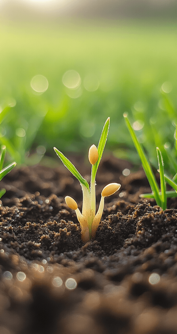 Close-up macro image of grass seed germination in dark soil, showcasing delicate seed sprouting stages with morning dew droplets, set against a softly blurred lawn background in earth tones.