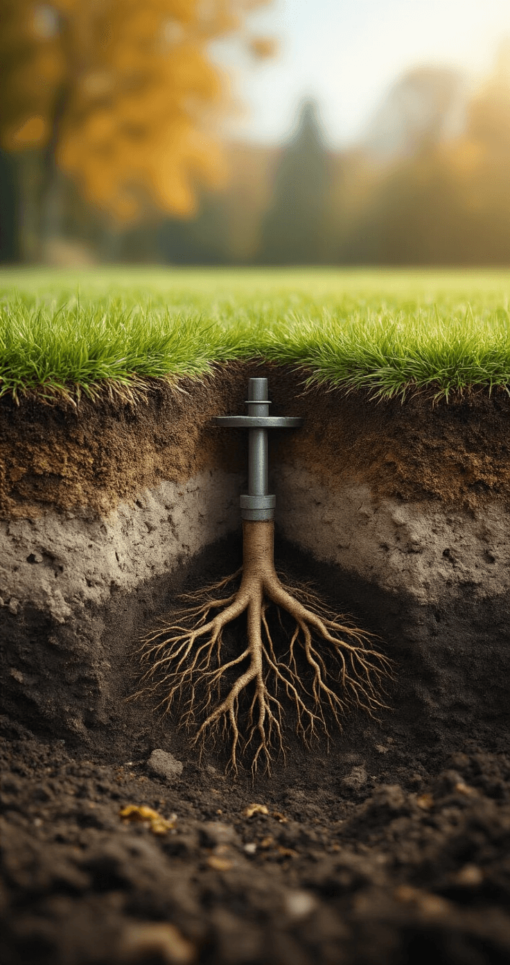 Dramatic cross-section view of lawn soil layers during core aeration, showcasing compacted soil structure, mechanical aeration tool extracting soil plugs, exposed root systems, and a geological palette of browns and grays, captured in soft autumn lighting with precise depth of field highlighting soil composition.