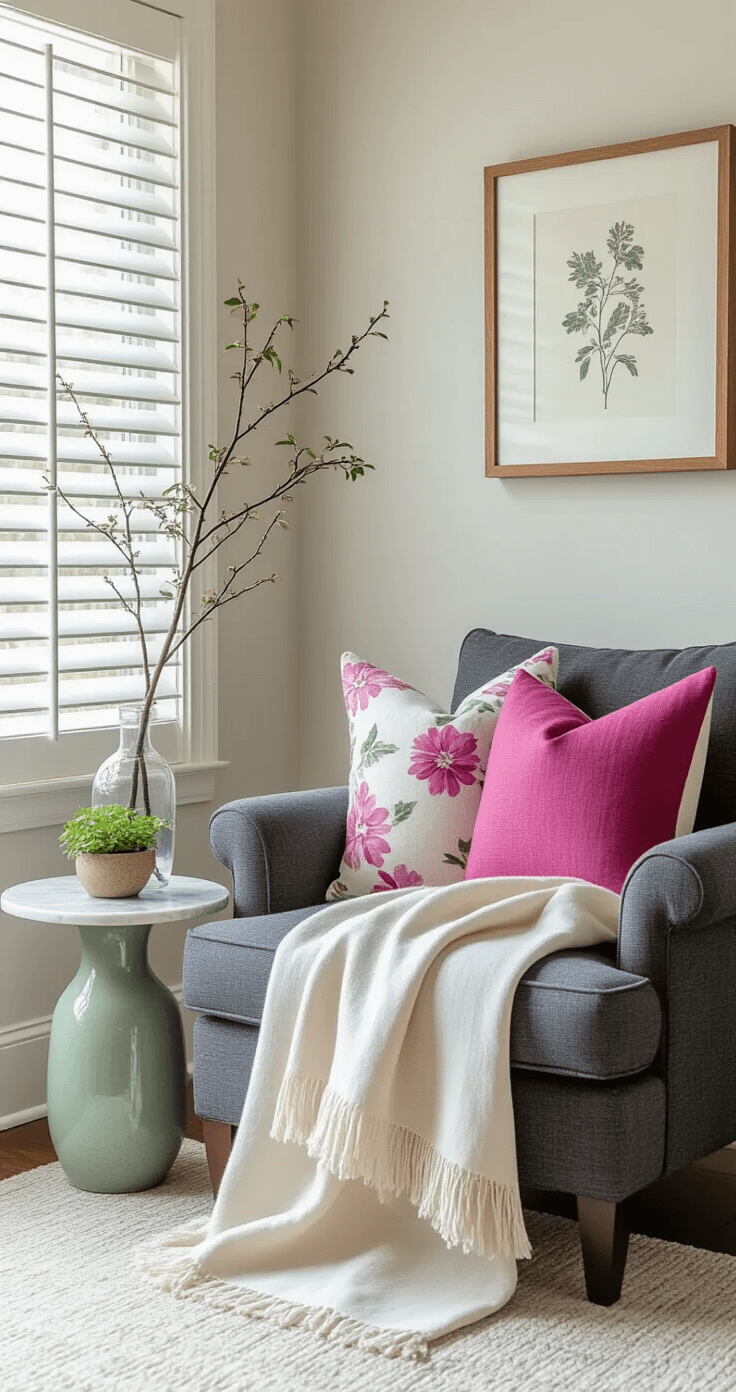 Spring Living Room Decor Ideas That'll Make You Actually Want to Dump Winter for Good Intimate living room corner with a cream linen throw over a gray armchair, floral pillows in lavender and hot pink, a marble side table with a Japanese maple branch, soft light through plantation shutters, a sage green planter with herbs, and a botanical print on the wall.