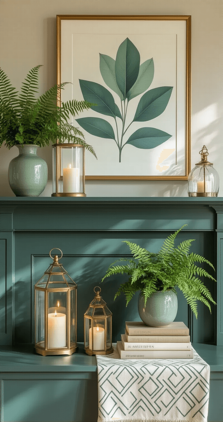 Spring Living Room Decor Ideas That'll Make You Actually Want to Dump Winter for Good Sophisticated spring-styled fireplace mantel featuring emerald green and gold accents, antique brass candle holders with white candles, delicate glass hurricane lanterns, and a potted fern in a ceramic vessel. An oversized abstract botanical print in teal and dusty blue hangs above, complemented by a soft linen runner and carefully stacked decorative books, all illuminated by warm afternoon light that highlights metallic details.