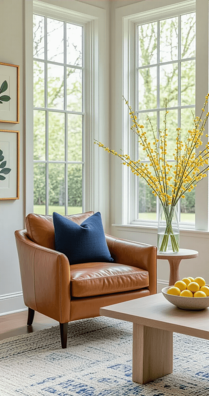 Spring Living Room Decor Ideas That'll Make You Actually Want to Dump Winter for Good Bright living room corner featuring large windows with garden views, a rust-colored leather chair, navy throw pillow, and forsythia in a glass vase. A light wood side table holds a ceramic bowl of lemons, while watercolor botanical prints adorn the walls. The area rug in soft blues and creams adds texture, showcasing a well-edited design with natural light and intentional negative space.