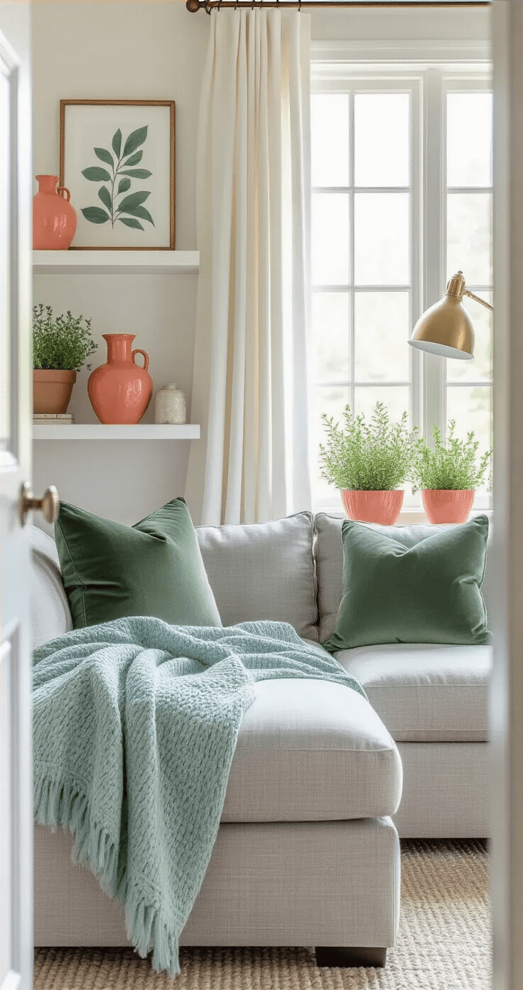 Spring Living Room Decor Ideas That'll Make You Actually Want to Dump Winter for Good Transitional living room with sage green velvet throw pillow, soft blue cotton blanket on light gray sectional, coral ceramic vases on shelves, large windows with sheer curtains, potted herbs, digital botanical art print, and warm ambient lighting from a brass floor lamp, emphasizing intentional color connectivity.