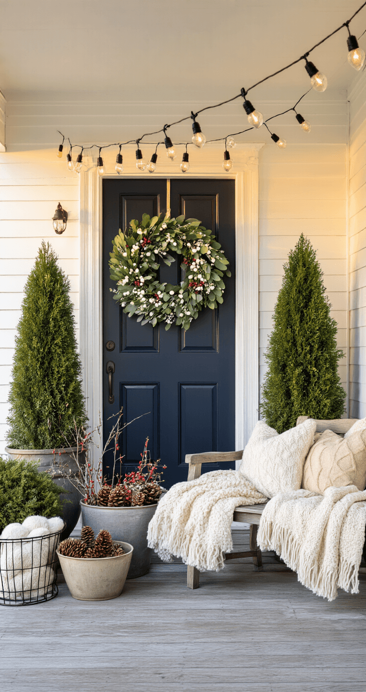 Winter Front Porch Decor: How I Transformed My Boring Entryway Into a Cozy Seasonal Haven A cozy winter front porch featuring potted cypress trees, a dark navy door with a eucalyptus wreath, and decorative elements like red twig dogwood, birch stems, magnolia leaves, and lanterns with flickering candles, all illuminated by warm golden hour light.