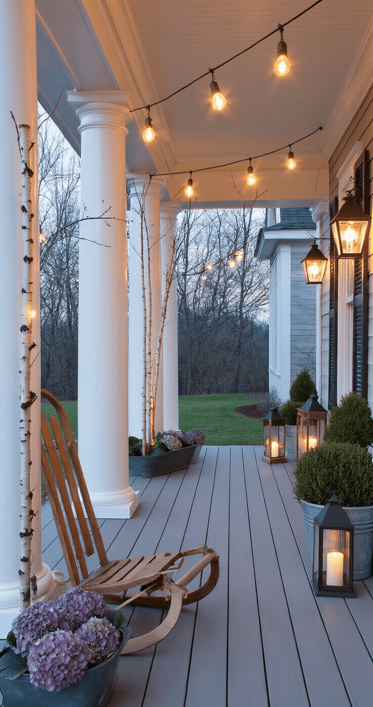 Winter Front Porch Decor: How I Transformed My Boring Entryway Into a Cozy Seasonal Haven Elegant winter porch scene at twilight with white columns and gray decking, featuring illuminated birch bark, café lights, a rustic sled, muted hydrangea blooms, varied lanterns, curly willow branches, and rosemary topiaries; captured with a low and wide perspective highlighting rich textures and dramatic lighting.