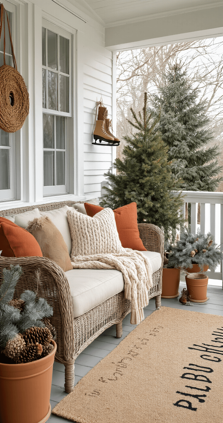 Winter Front Porch Decor: How I Transformed My Boring Entryway Into a Cozy Seasonal Haven Cozy winter morning porch with wicker loveseat covered in a cable-knit throw, rustic pillows, terracotta planters, and vintage ice skates, all under soft overcast light.