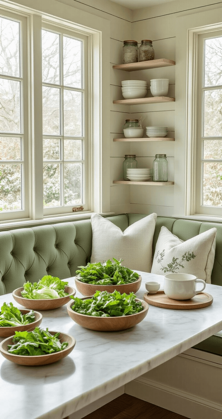 Winter Vegetables That'll Actually Survive (And Taste Better) In Freezing Weather Sunlit breakfast nook featuring sage green banquette seating, a marble table with winter salad ingredients, and a view of a frost-covered garden, adorned with cream cushions and open shelving displaying vintage dishes.