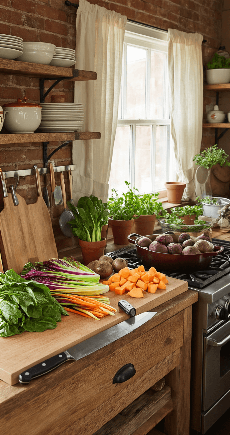 Winter Vegetables That'll Actually Survive (And Taste Better) In Freezing Weather Rustic kitchen prep area with reclaimed wood countertops showcasing fresh winter vegetables mid-preparation, including julienned rainbow chard stems, diced rutabaga, and whole roasted beets. A professional knife set is mounted on a magnetic strip, while a cast iron Dutch oven simmers on a vintage gas range. Fresh herbs in terra cotta pots sit on the windowsill, illuminated by late afternoon golden light streaming through linen cafe curtains. The scene features an exposed brick backsplash, open shelving with vintage crockery, and a copper colander draining fresh greens, all in warm brick red, honey wood tones, cream, and forest green accents.