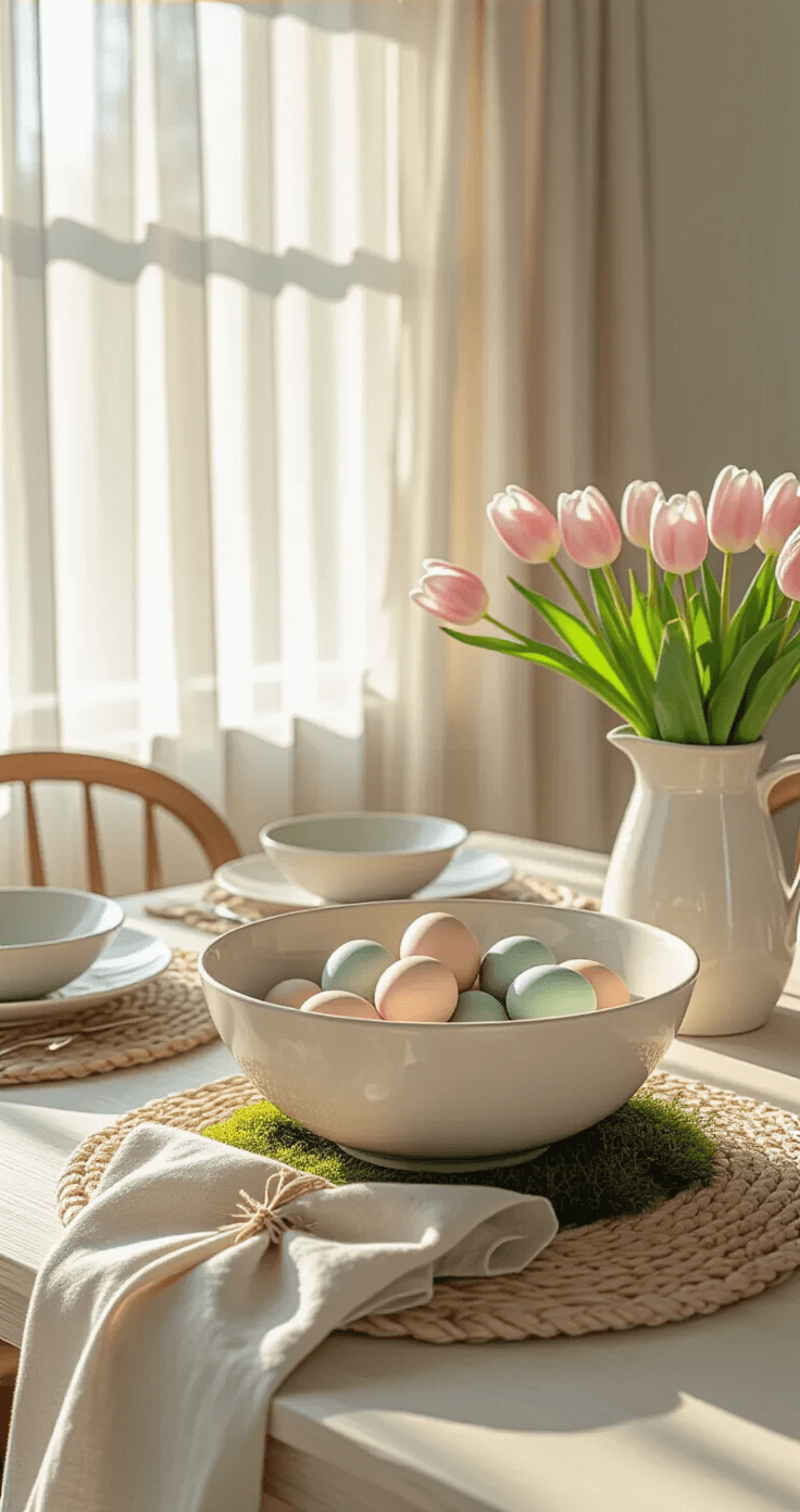 Easter Home Decor That Won't Make Your Wallet (or Sanity) Cry Photorealistic wide-angle shot of a warm and inviting modern dining room at golden hour, featuring a whitewashed oak table set with a cream bowl of pastel eggs, a rustic pitcher of pink tulips, and elegant linen placemats, all complemented by cozy natural textures and soft lighting.