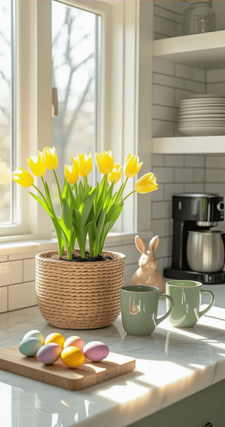 Easter Home Decor That Won't Make Your Wallet (or Sanity) Cry Photorealistic image of a bright kitchen counter in morning light, featuring a woven seagrass basket with a plastic-potted tulip arrangement, a coffee station with sage green mugs and a ceramic bunny, and a cutting board displaying organically dyed Easter eggs.
