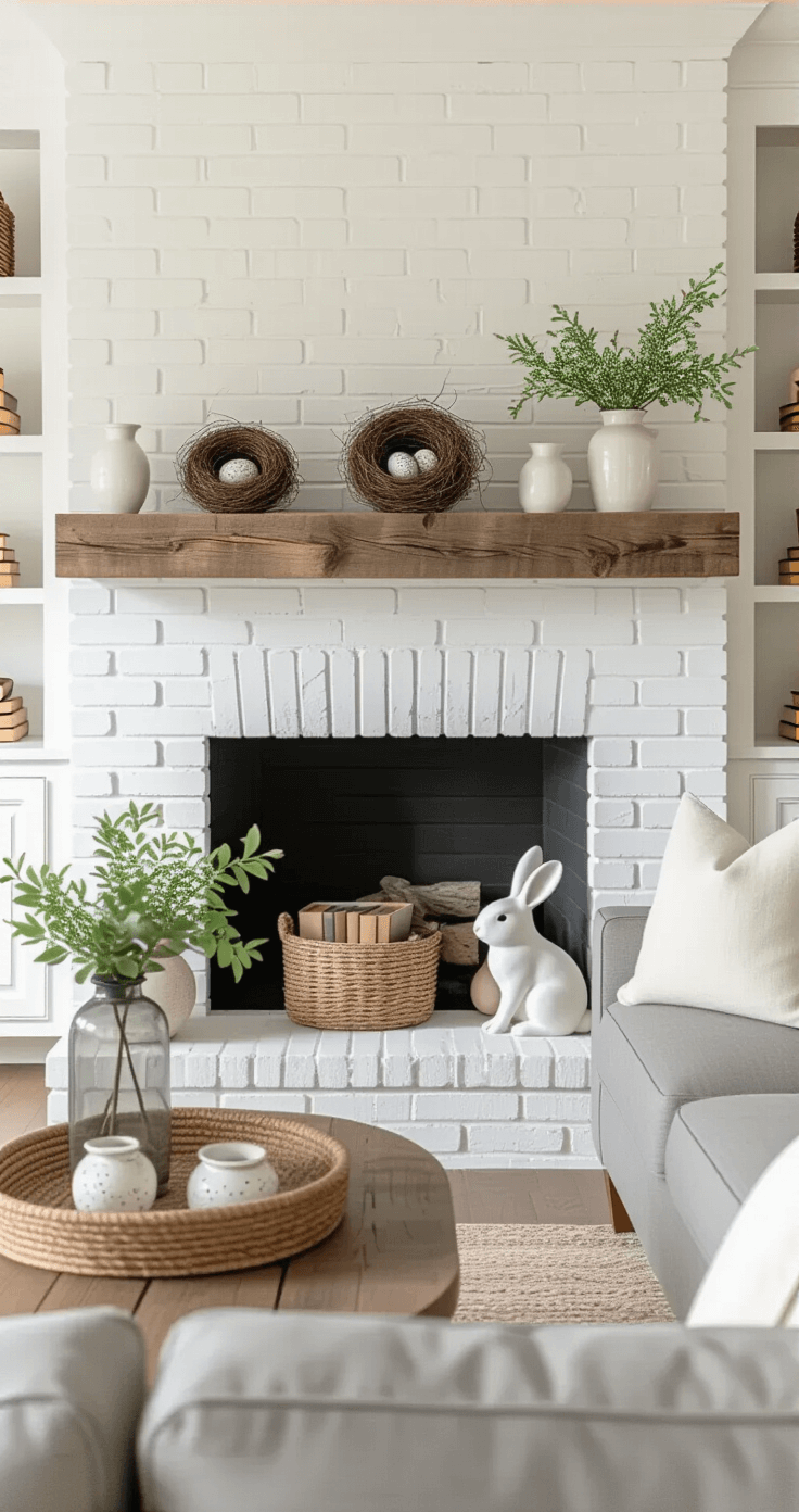 Easter Home Decor That Won't Make Your Wallet (or Sanity) Cry Photorealistic living room scene featuring a white brick fireplace with a reclaimed wood mantel, asymmetrically styled with bird nest arrangements, leather-bound books, and white ceramic vessels, complemented by fresh greenery in mercury glass containers and a small bunny bookend; soft afternoon light casts a warm glow over a gray sectional sofa with cream linen pillows, while built-in shelving showcases curated decor in a cozy, neutral-toned aesthetic.