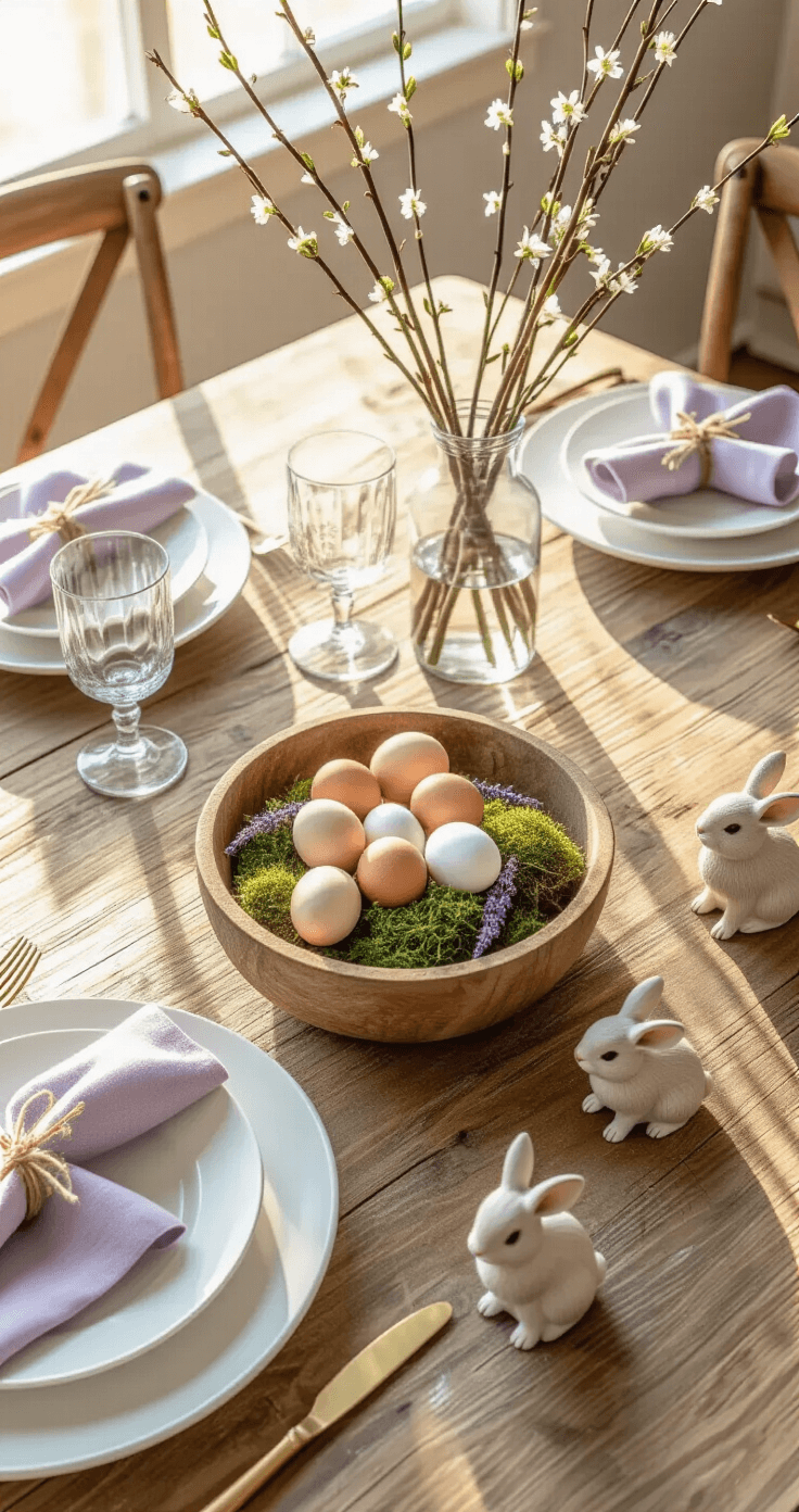 Easter Home Decor That Won't Make Your Wallet (or Sanity) Cry Photorealistic overhead view of a rustic farmhouse dining table set for spring, featuring layered white porcelain plates, vintage glassware, and lavender linen napkins, with a central dough bowl of naturally dyed eggs surrounded by moss, pussy willow branches in a tall vase, and decorative ceramic rabbits.