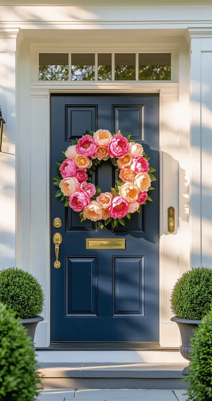 Elegant Spring and Summer Front Door Wreaths That'll Make Your Neighbors Stop and Stare Elegant front door vignette featuring a navy blue painted door with brass hardware, adorned with a luxurious peony wreath in soft pink and coral hues, flanked by potted topiaries. The golden hour light creates warm highlights and shadows, while a brass door knocker and visible house numbers add to the sophisticated ambiance. Shot from a low angle with a shallow depth of field focusing on the wreath.