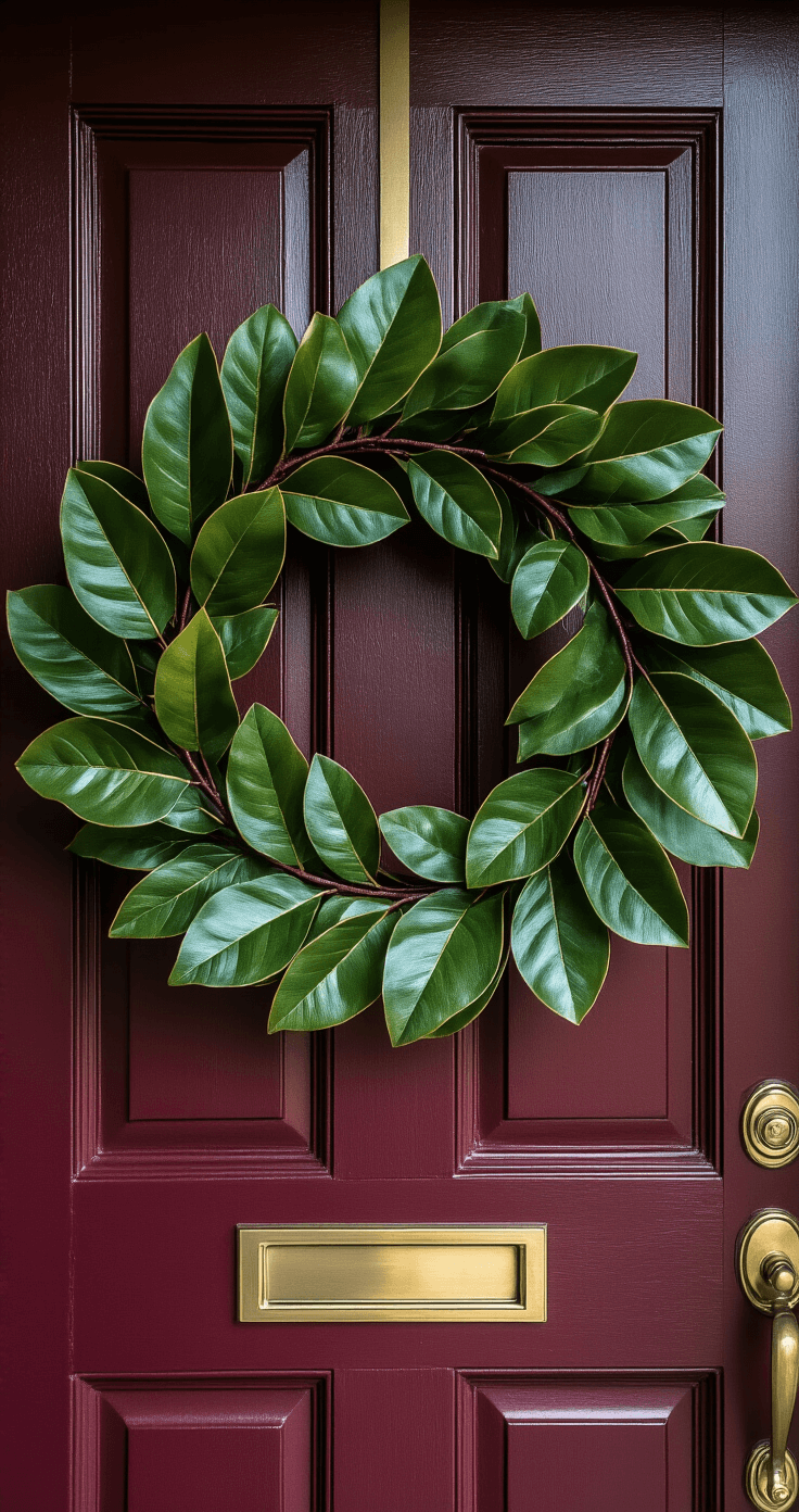Elegant Spring and Summer Front Door Wreaths That'll Make Your Neighbors Stop and Stare Close-up image of a magnolia leaf wreath on a burgundy front door, with realistic green leaves, soft morning light, and antique brass hardware, showcasing minimalist elegance.