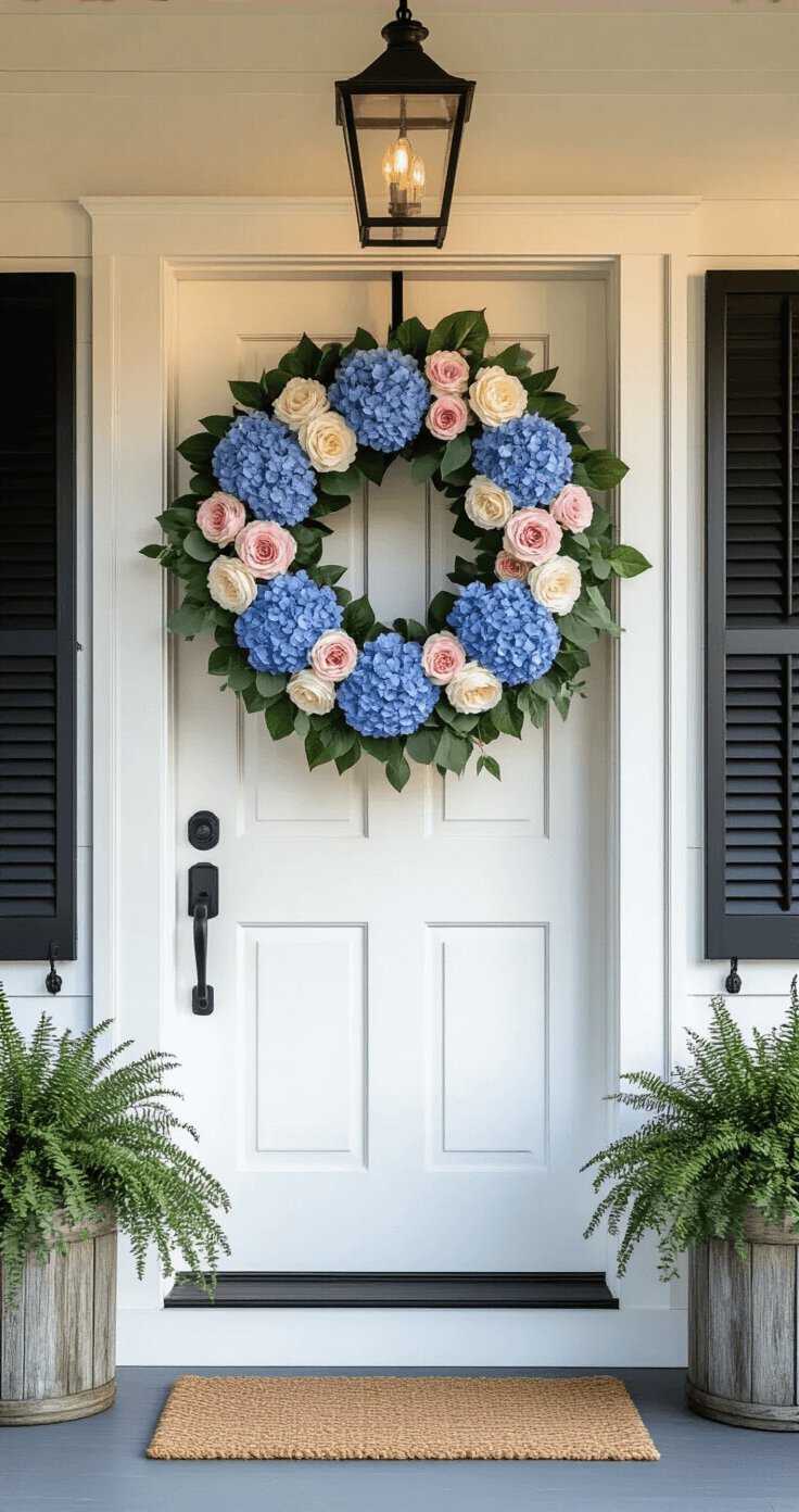 Elegant Spring and Summer Front Door Wreaths That'll Make Your Neighbors Stop and Stare Dramatic wide shot of a modern farmhouse entrance featuring a 36-inch white front door with black hardware, surrounded by white columns and dark shutters. An oversized cascading wreath of blue and pink hydrangeas and ivory roses is enhanced by trailing eucalyptus, captured in warm late afternoon light. Weathered wood planters with seasonal greenery complement the scene, showcasing clean architectural lines and rich colors.