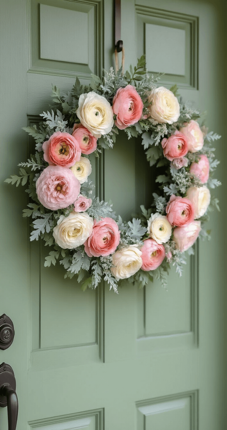 Elegant Spring and Summer Front Door Wreaths That'll Make Your Neighbors Stop and Stare Intimate close-up of a floral wreath featuring blush pink ranunculus and cream garden roses, hanging on a sage green front door, showcasing macro details and soft, overcast lighting.