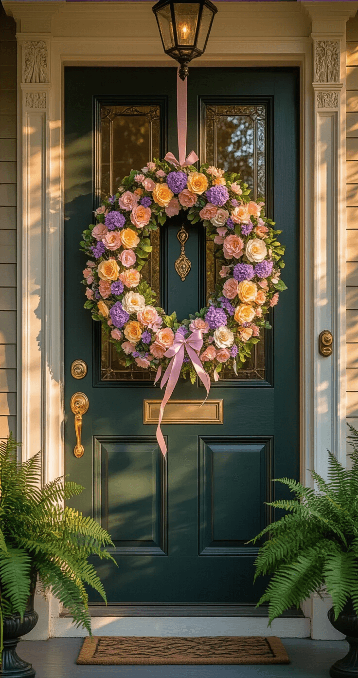 Elegant Spring and Summer Front Door Wreaths That'll Make Your Neighbors Stop and Stare A teardrop-shaped spring wreath in pastel colors adorns a dark green Victorian-style front door with decorative glass panels and brass hardware, captured during golden hour. The scene features dramatic shadows cast by decorative columns, a brass letter slot, a vintage doorbell, and potted ferns, all highlighting the architectural grandeur of the entrance.