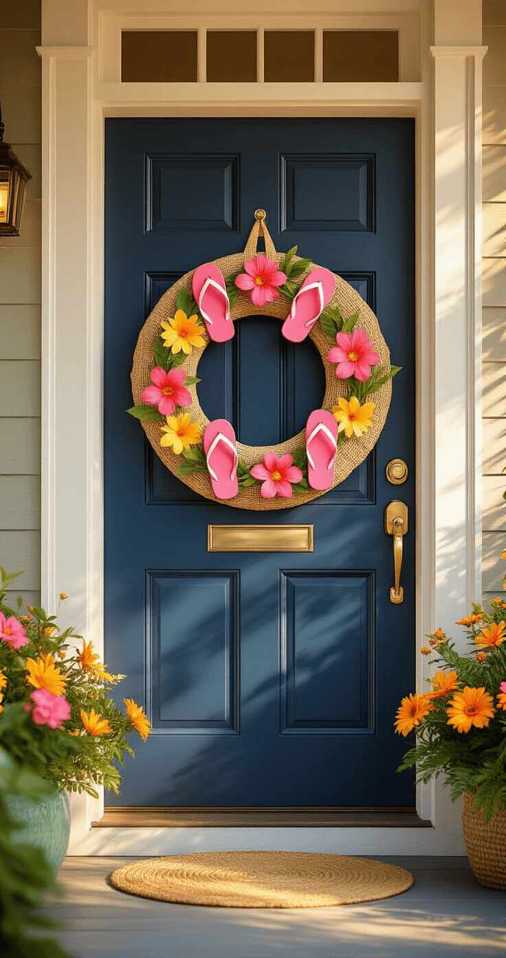 Dollar Tree Summer Wreaths That'll Make Your Neighbors Wonder Where You Shopped Photorealistic close-up of a classic navy blue front door with brass hardware, featuring a vibrant 14-inch summer wreath made of woven burlap and adorned with pink polka-dot flip-flops, coral and fuchsia tropical lei flowers, and pops of yellow and orange blooms. The scene is illuminated by warm golden hour lighting, with gentle shadows cast on the weathered wood door panels.