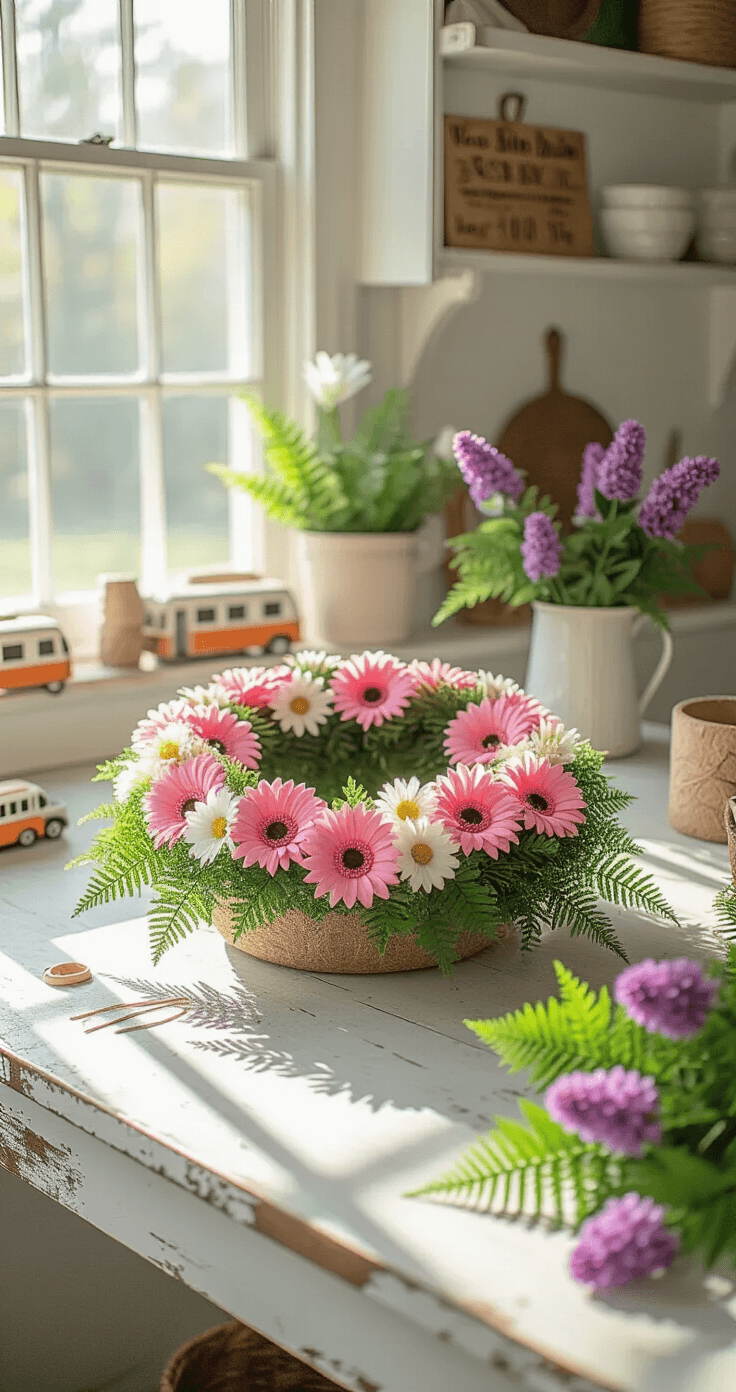 Dollar Tree Summer Wreaths That'll Make Your Neighbors Wonder Where You Shopped An afternoon crafting scene featuring a rustic farmhouse kitchen island with a partially constructed floral foam wreath using vibrant pink Gerber daisies and white mums, surrounded by crafting supplies from Dollar Tree, including artificial ferns and purple silk lilacs. A hot glue gun and zip ties indicate a professional touch, with bright natural light creating patterns across the workspace.