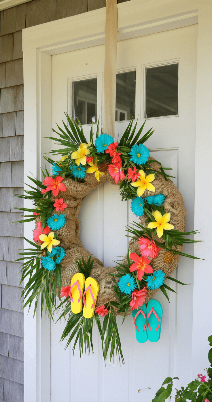 Dollar Tree Summer Wreaths That'll Make Your Neighbors Wonder Where You Shopped Stunning tropical welcome wreath on a coastal cottage porch, featuring a circular arrangement in turquoise, coral, and yellow, with pastel flip-flops and wooden pineapples, set against a weathered gray shingled house in soft morning light.