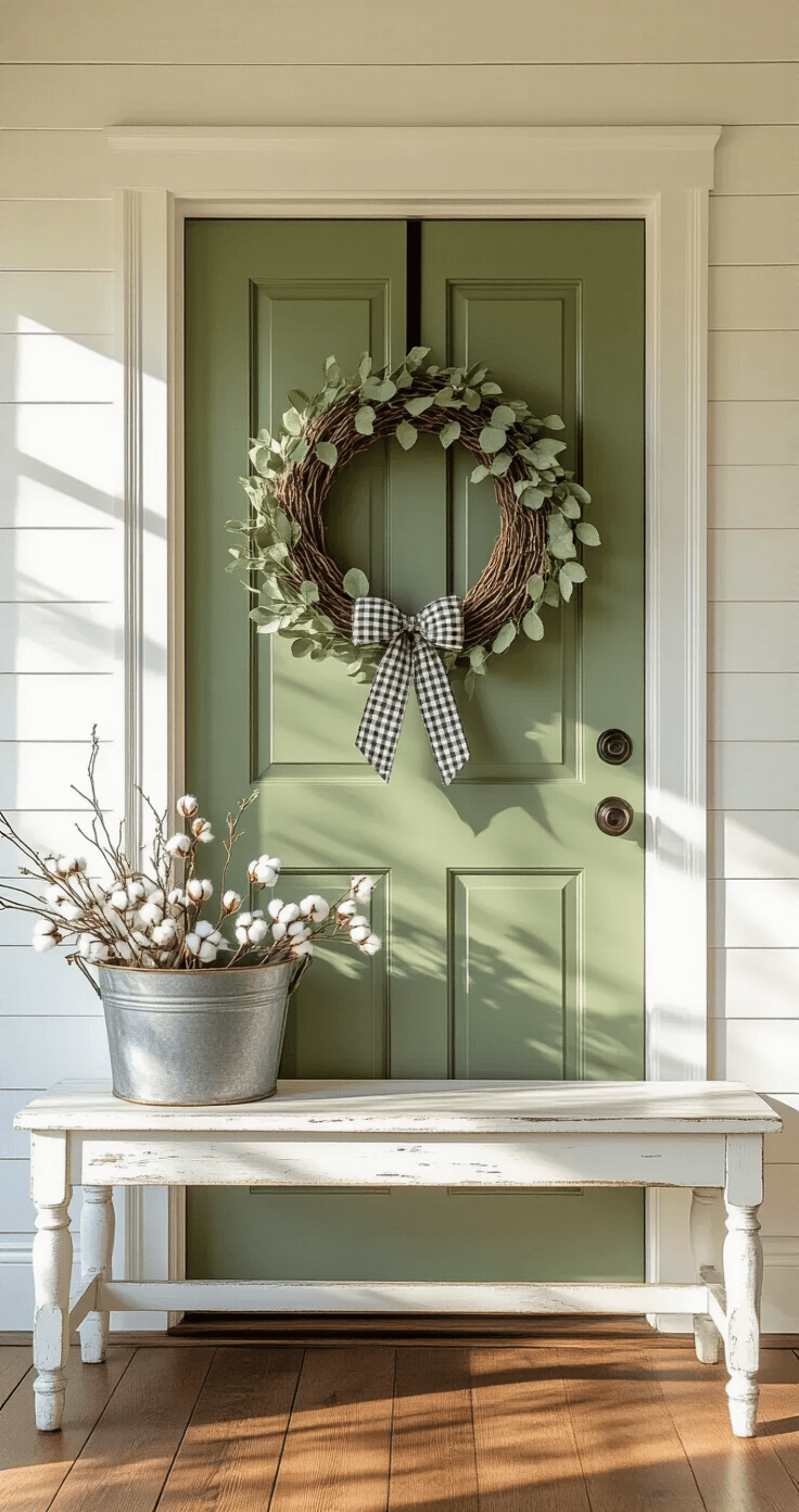 How I Style Farmhouse Grapevine Wreaths That Actually Look Good (Not Like a Craft Store Exploded on Your Door) Photorealistic farmhouse entryway featuring a sage green front door adorned with an 18-inch grapevine wreath, warm golden hour sunlight illuminating white shiplap walls and reclaimed oak floors, with a weathered bench and galvanized metal basket.