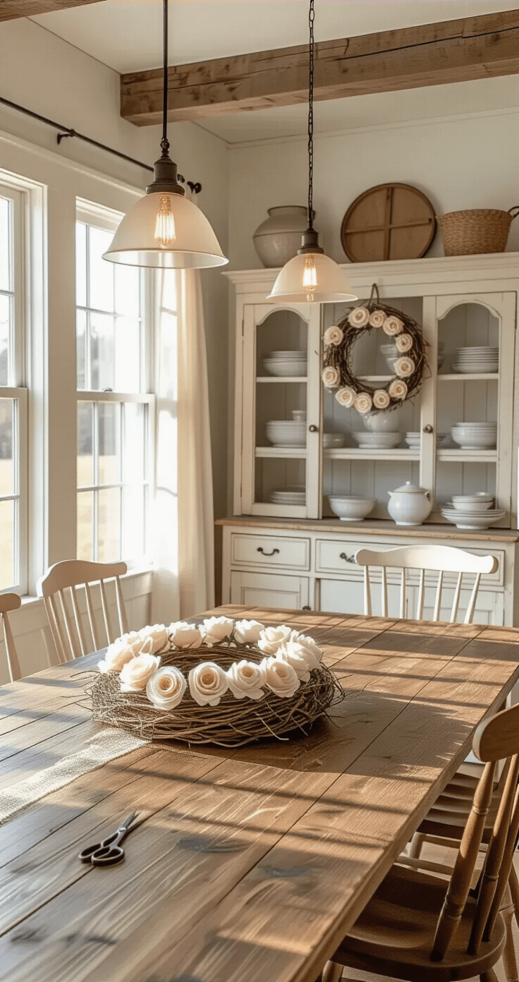 How I Style Farmhouse Grapevine Wreaths That Actually Look Good (Not Like a Craft Store Exploded on Your Door) Cozy farmhouse dining room bathed in golden hour light, featuring a rustic wooden farm table with a grapevine wreath centerpiece of cream muslin roses, burlap ribbon, and vintage Windsor chairs, complemented by a distressed white hutch and sheer linen curtains filtering soft sunlight.
