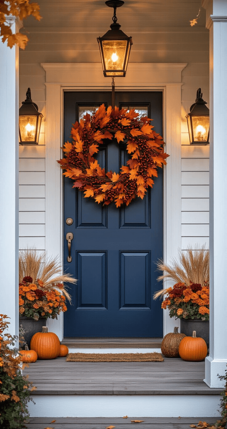 How I Style Farmhouse Grapevine Wreaths That Actually Look Good (Not Like a Craft Store Exploded on Your Door) Autumn farmhouse porch with a navy blue front door, featuring a 24-inch grapevine wreath adorned with burnt orange, deep burgundy, and amber foliage, surrounded by rustic decorations like corn stalks and hay bales, illuminated by antique lanterns and string lights.