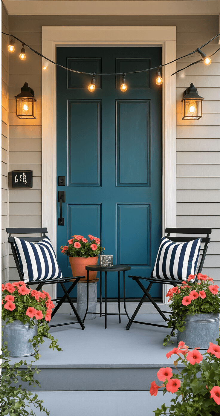 Small Front Porch Ideas on a Budget That'll Make Your Neighbors Jealous Photorealistic front porch scene at golden hour, featuring a small concrete porch with gray flooring, a teal blue front door, black folding chairs with navy and white pillows, string lights, and vibrant petunias in planters, shot from a low angle.