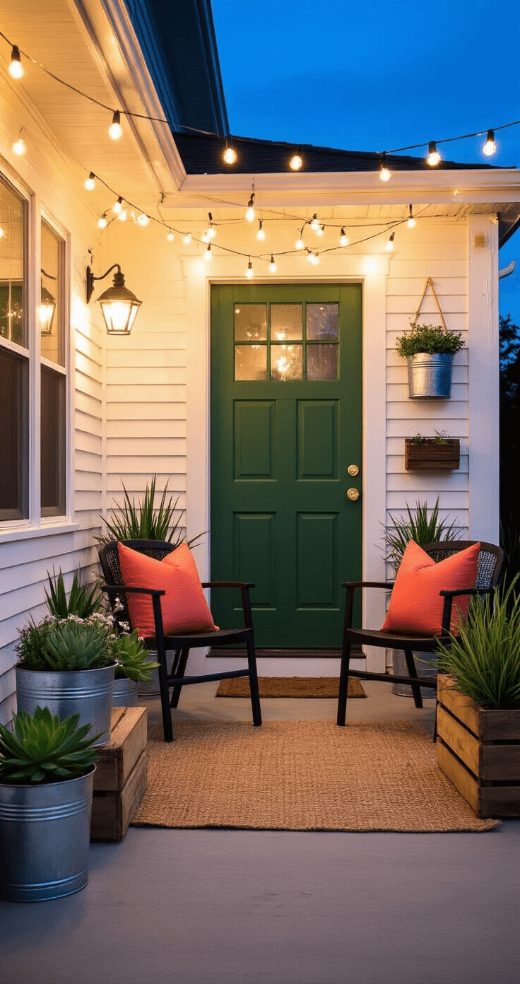 Small Front Porch Ideas on a Budget That'll Make Your Neighbors Jealous An intimate evening porch scene with solar string lights, featuring a forest green door, DIY planters of vintage galvanized buckets and wooden crates, succulents, and ornamental grasses, a white painted trellis with climbing jasmine, two black thrift store chairs with coral throw pillows, and a jute rug on painted concrete, all illuminated against a dark blue sky.