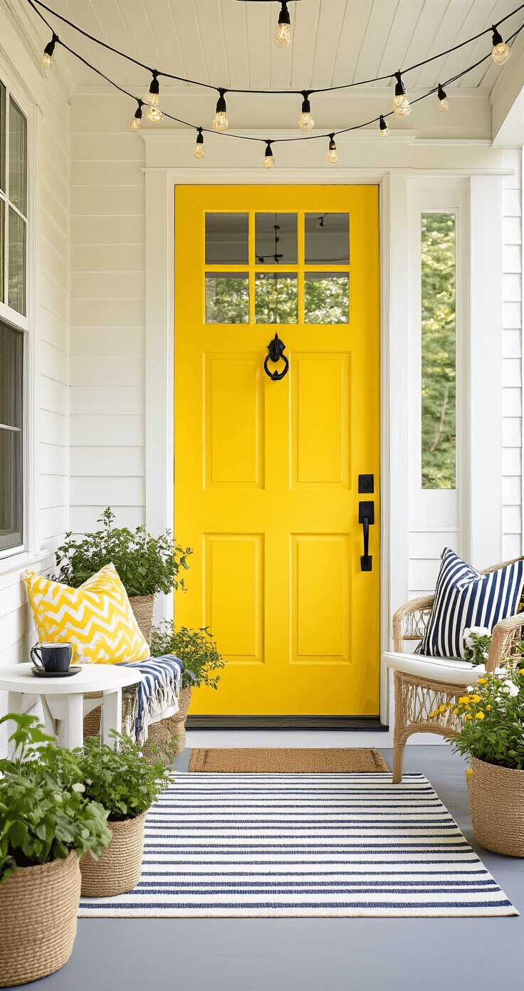 Small Front Porch Ideas on a Budget That'll Make Your Neighbors Jealous Bright morning scene of a transformed porch with a sunny yellow front door, layered planters filled with herbs and flowers, painted chairs with vibrant throw pillows, and a small side table with coffee, all illuminated by soft natural light from overhead string lights.