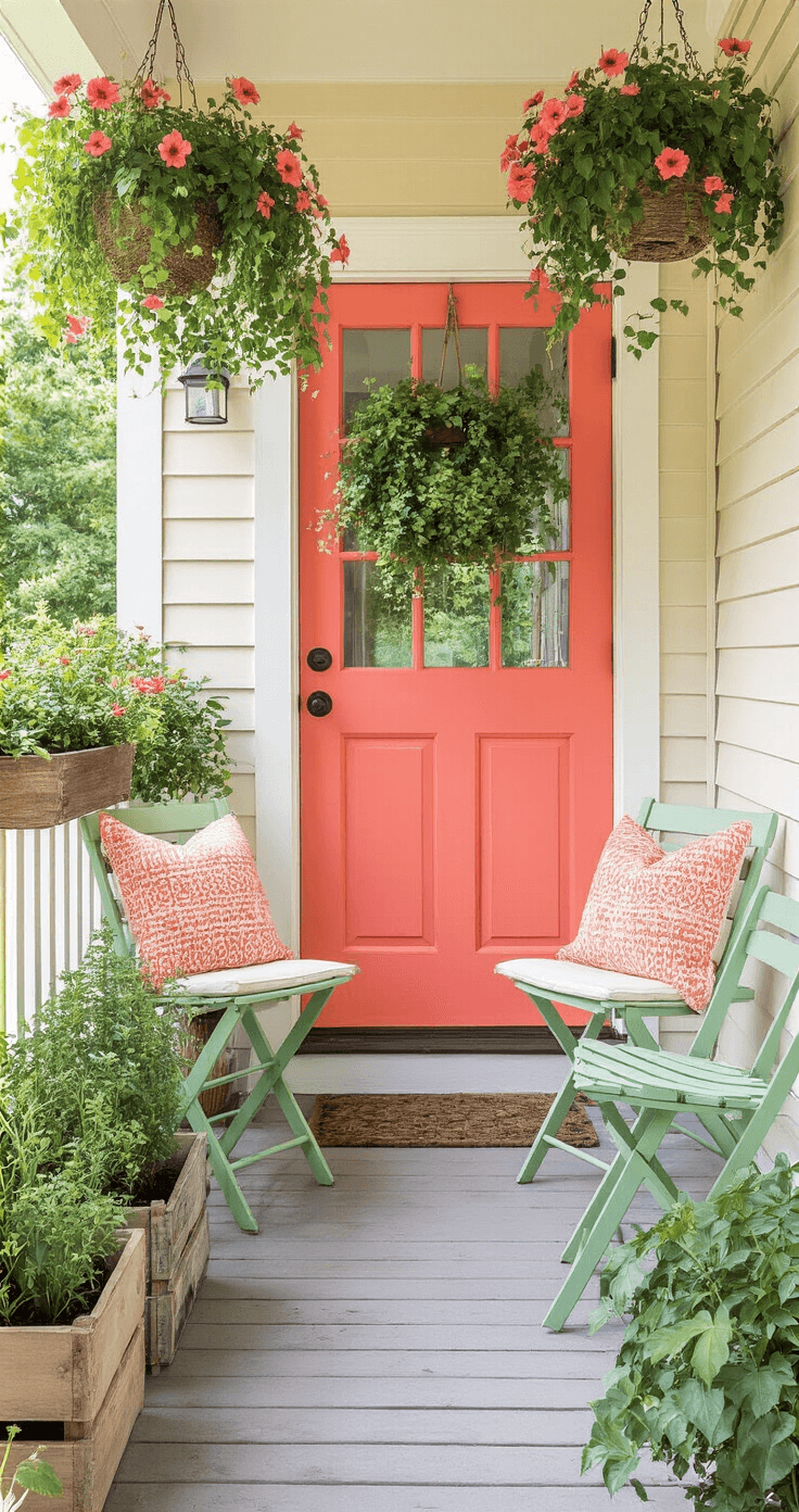 Small Front Porch Ideas on a Budget That'll Make Your Neighbors Jealous A narrow porch with a coral door and cream siding features hanging baskets of petunias and ivy, DIY planters of colanders and crates with native plants, sage green folding chairs with coral and cream pillows, solar stake lights, and a wooden trellis with clematis, all captured in warm natural light.
