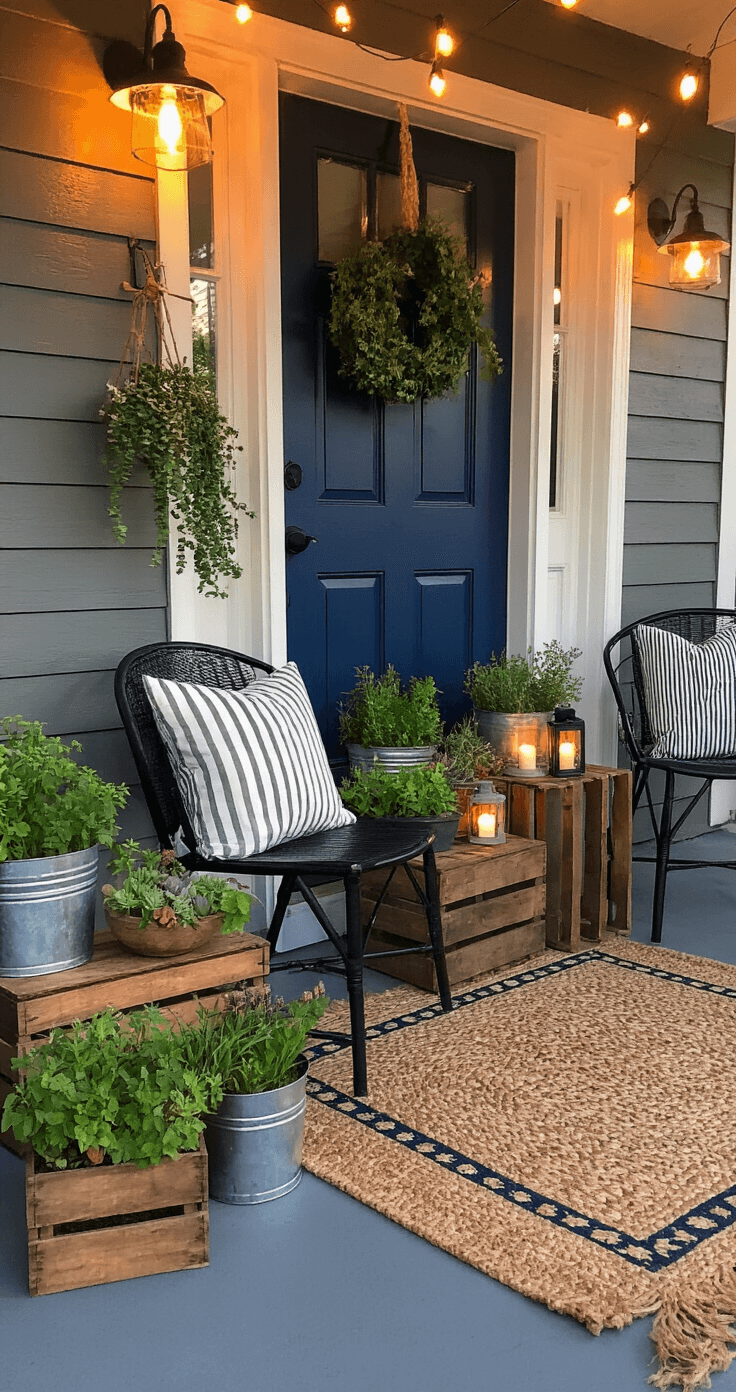 Small Front Porch Ideas on a Budget That'll Make Your Neighbors Jealous Golden hour view of a cozy, compact porch transformation featuring a navy blue door, matching outdoor rug, and rustic decor with galvanized buckets and wooden crates filled with plants. String lights hang above black thrift store chairs adorned with throw pillows, while a small round table holds battery-operated lanterns, all set against a textured gray concrete floor with stenciled details.