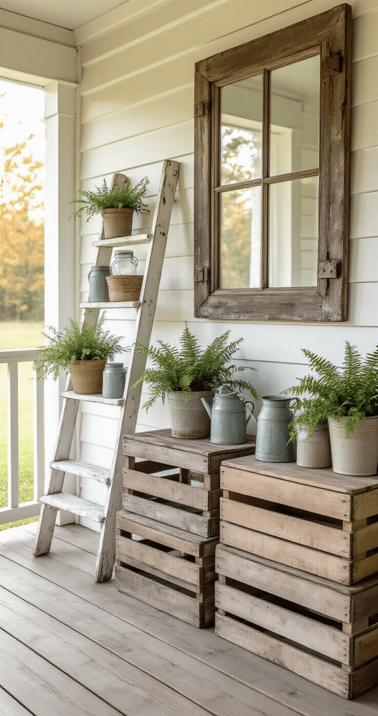 Rustic Farmhouse Porch Design: How I Transformed My Outdoor Space Into a Cozy Retreat Photorealistic portrayal of a cozy farmhouse porch corner bathed in morning light, featuring a distressed white ladder with mason jar lanterns, stacked wooden crates with vintage watering can planters, and wall displays of weathered shutters and rustic mirror, all in a soft neutral palette.
